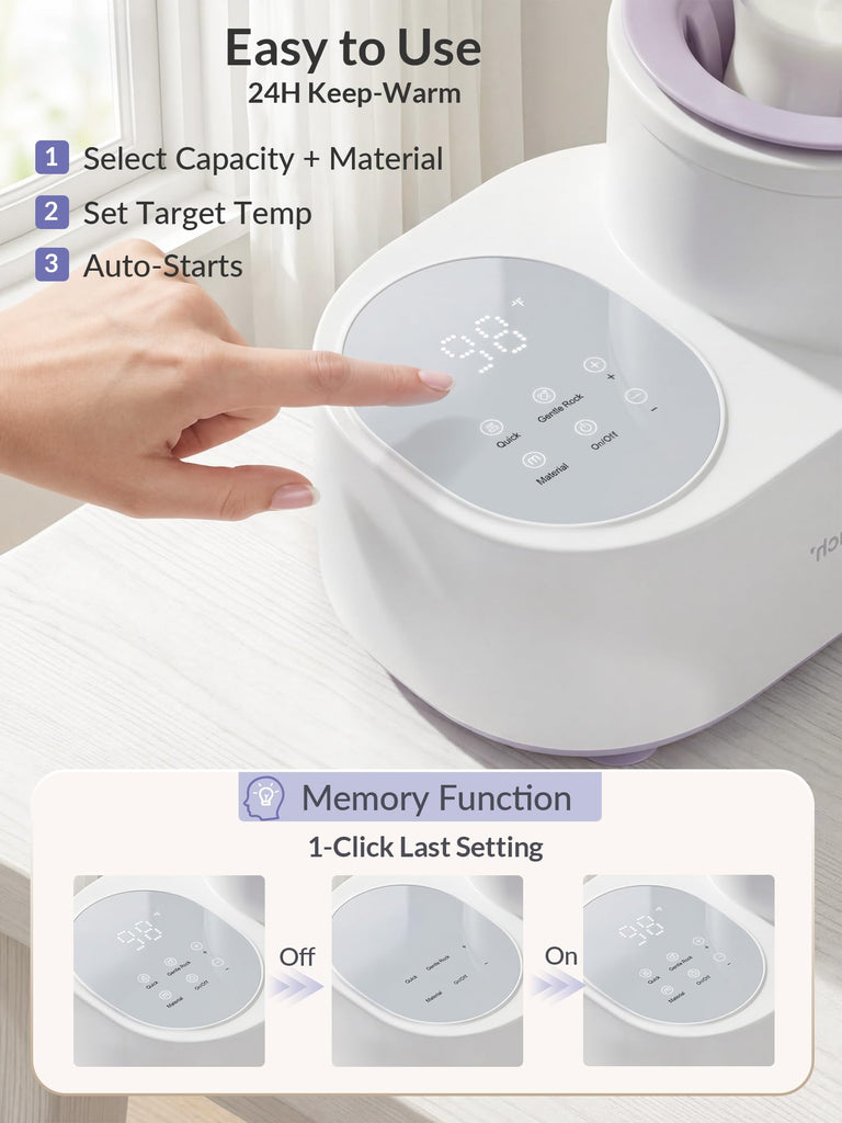 Waterless Baby Bottle Warmer & Mixer - 360° Airflow Gentle Warming & Rocking, Precise Core-Temp Control for