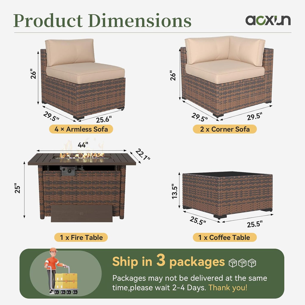8 Piece Patio Furniture Set with 44" Fire Pit Table Wicker Rattan | Outdoor Sectional Sofa Set with Coffee Table and