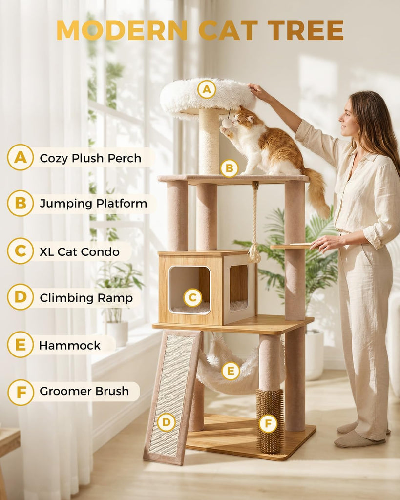 61" Modern Cat Tree, Tall Cat Tower with Self-Grooming Brush