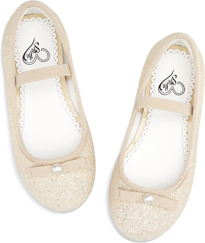 Girls Glitter Dress Shoes Flats with Pearl Bow for Party