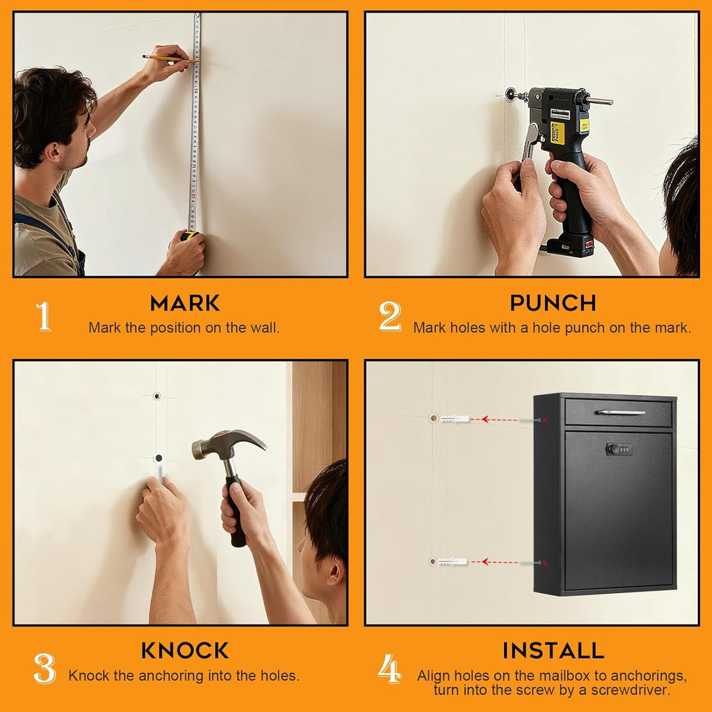 Wall Mount Mailboxes with Combination Lock, Wall Mail Box with Lock, Hanging Secured Postbox, Security Key Drop Box