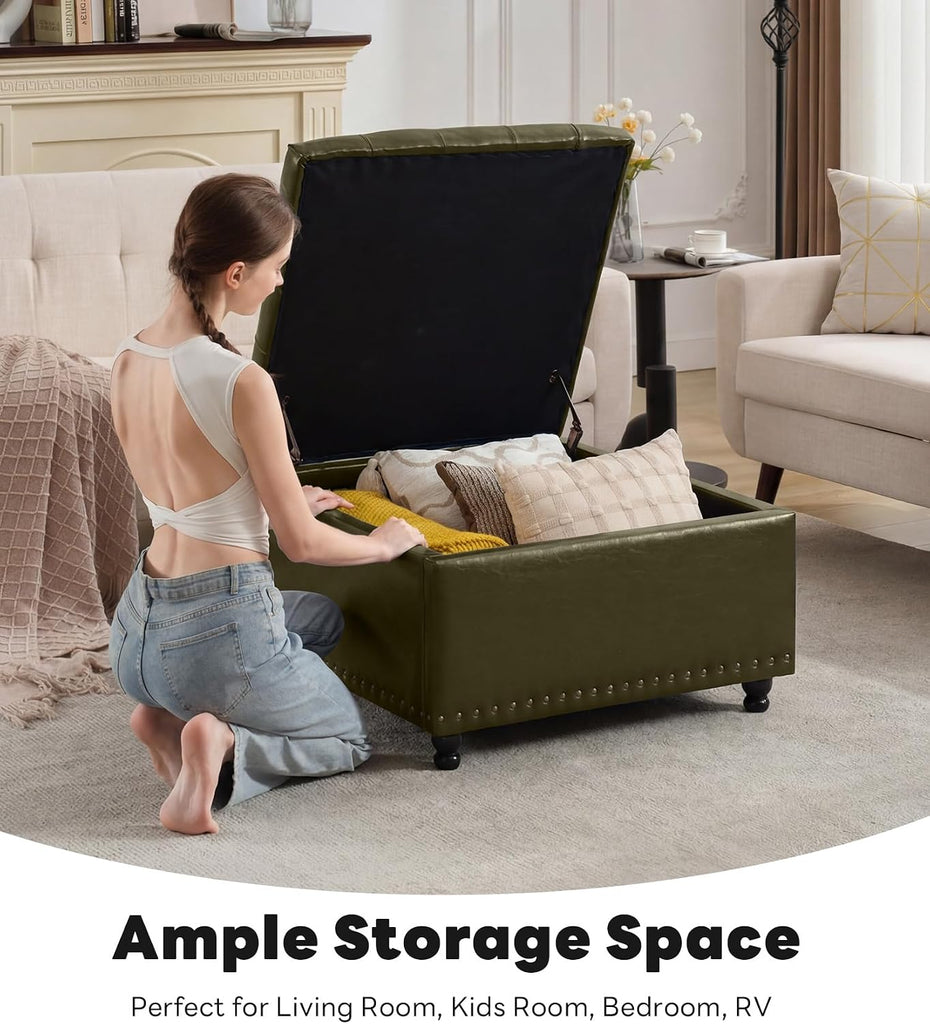 Large Square Storage Ottoman Bench, Tufted Upholstered Coffee Table with Storage, Oversized Storage Ottomans Toy Box