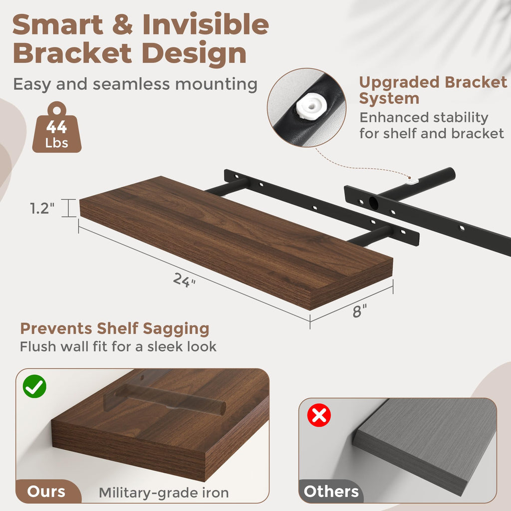 24 Inch Floating Shelves, 8"Deep Wall Shelf, 44 Lbs Capacity, Walnut, 2pcs