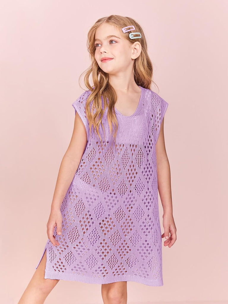 Girls Hollow Out Knitted Swimsuit Cover Up Kids Fashion Split Hem Coverups Beach Dress