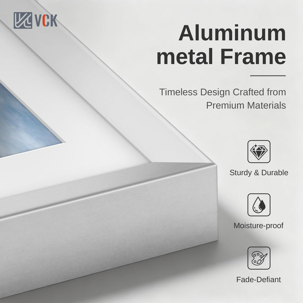 8x10 Picture Frame Silver, Modern Aluminum Metal Frame with Tempered Glass, Display Photo 5x7 with Mat or 8 by 10