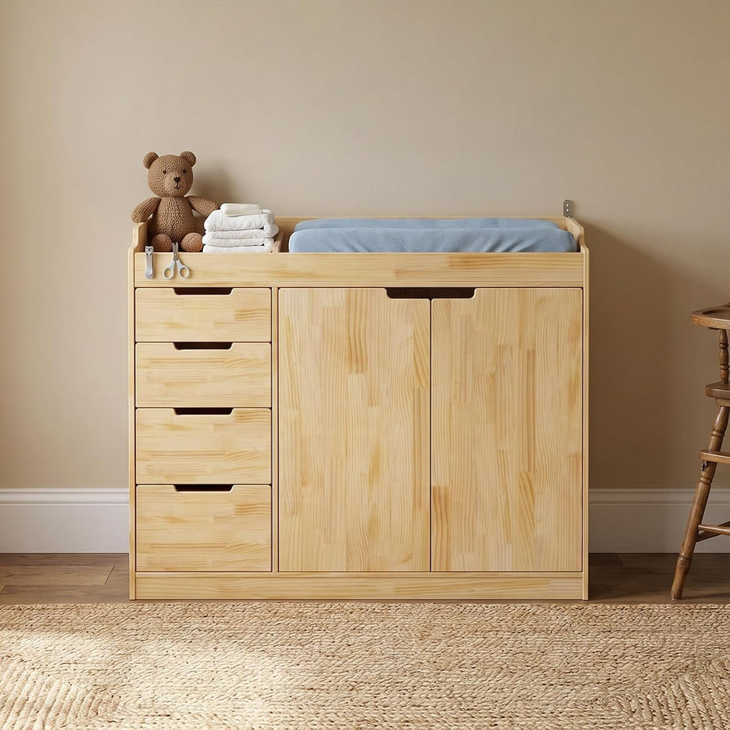 Nursery Dresser with Changing Table Top, 47.2" W Baby Dresser with 4 Drawers & Raised Guard, Solid Wood Infant Diaper