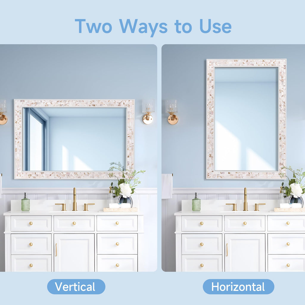 White Bathroom Mirror 30x40 Inch, Natural Shell Framed Wall Mirrors