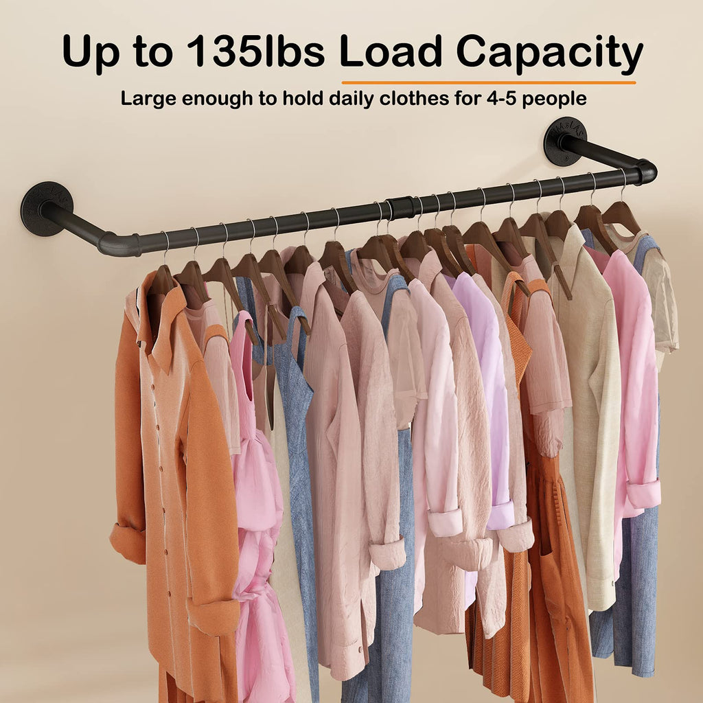 Wall Mounted Clothes Rack 38.4in, Industrial Pipe Wall Mount Clothing Rack, Heavy Duty Iron Garment Racks, Space