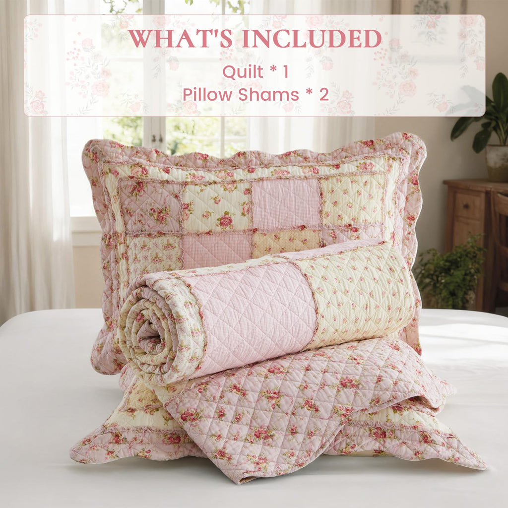 100% Cotton Patchwork Quilt Set Queen, Real Sewn, 3-Piece Pink Floral Quilt Bedding Set Reversible Lightweight