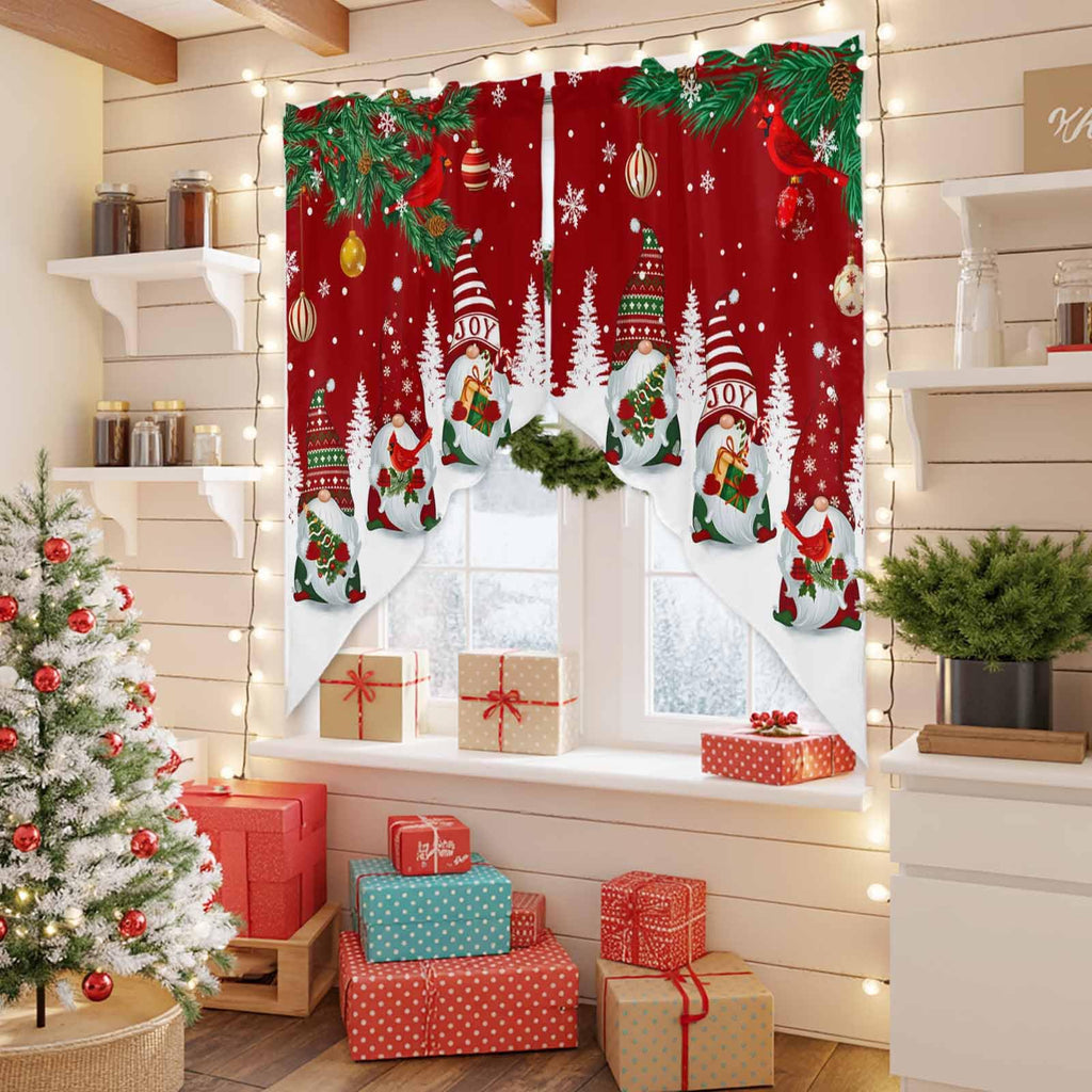 Swag Valances for Windows, Merry Christmas Tree Gnomes Red Rod Pocket Kitchen Window Curtains Over Sink, Cardinals