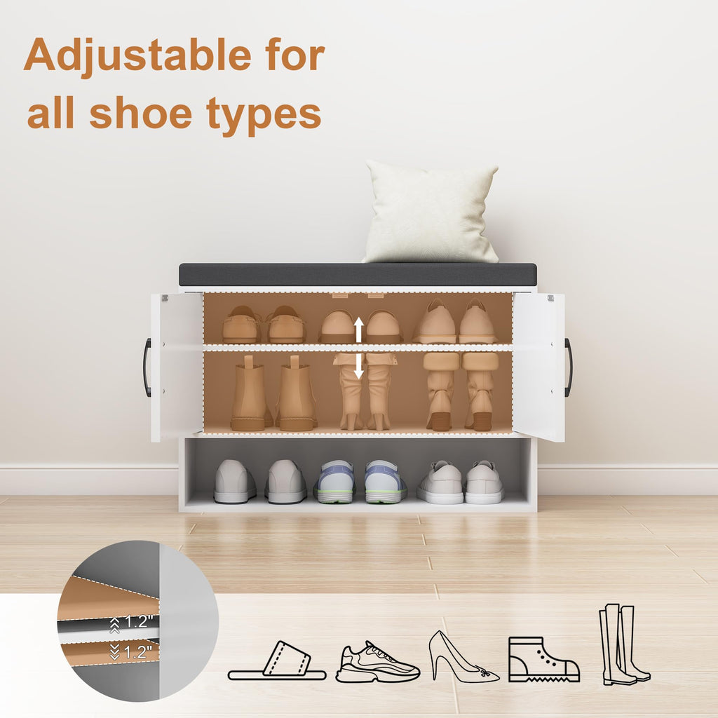Farmhouse Shoe Storage Bench, Wooden End of Bed Bench, Shoe Storage Cabinet with Seat Cushion, Adjustable Shelf and
