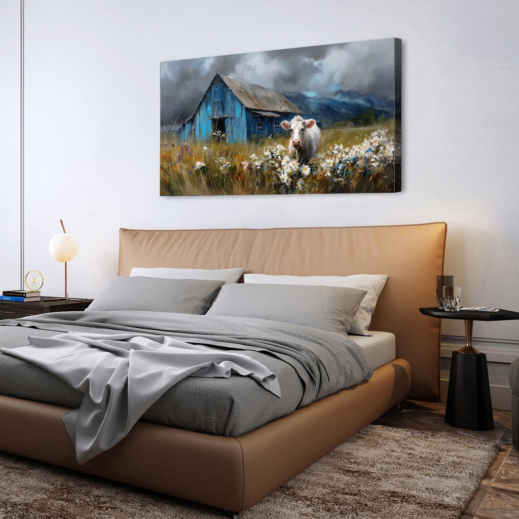 Rustic Farmhouse Wall Art Cow and Blue Barn Canvas Pictures Country Landscape Wall Decor Wildflower Field Painting