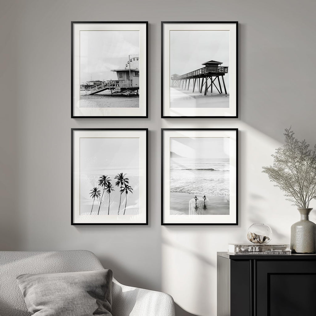 Framed Coastal Beach Black and White Wall Art, 11x14 Inch