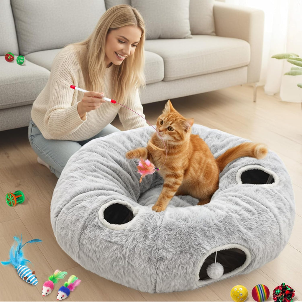 4-Holes Cat Tunnels for Indoor Cats, Plush Donut Cat Bed Tunnel Grey