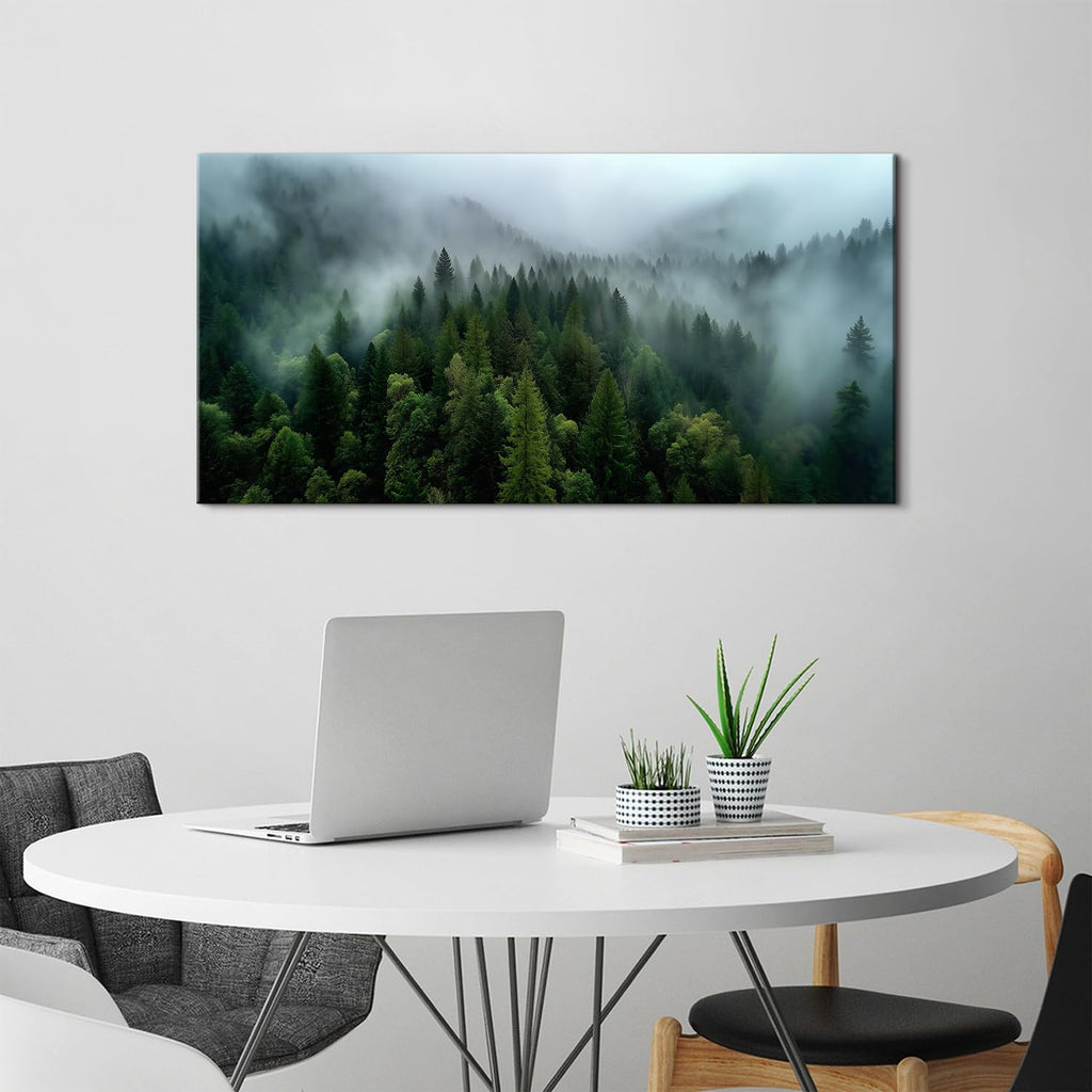 Forest Canvas Wall Art Misty Green Mountain Pine Tree Wall Decor Vintage Nature Foggy Scenery Picture Bedroom Cloudy