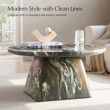Modern 31.88” Round Coffee Table with Stone-Look Finish and Sculpted Pedestal Base