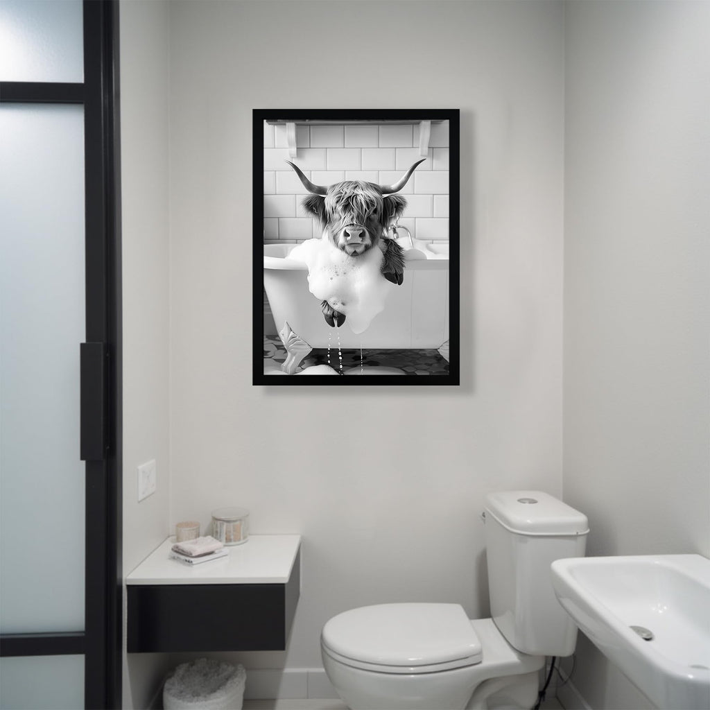 Black and White Highland Cow in Bathtub Canvas Wall Art 12x16 inch