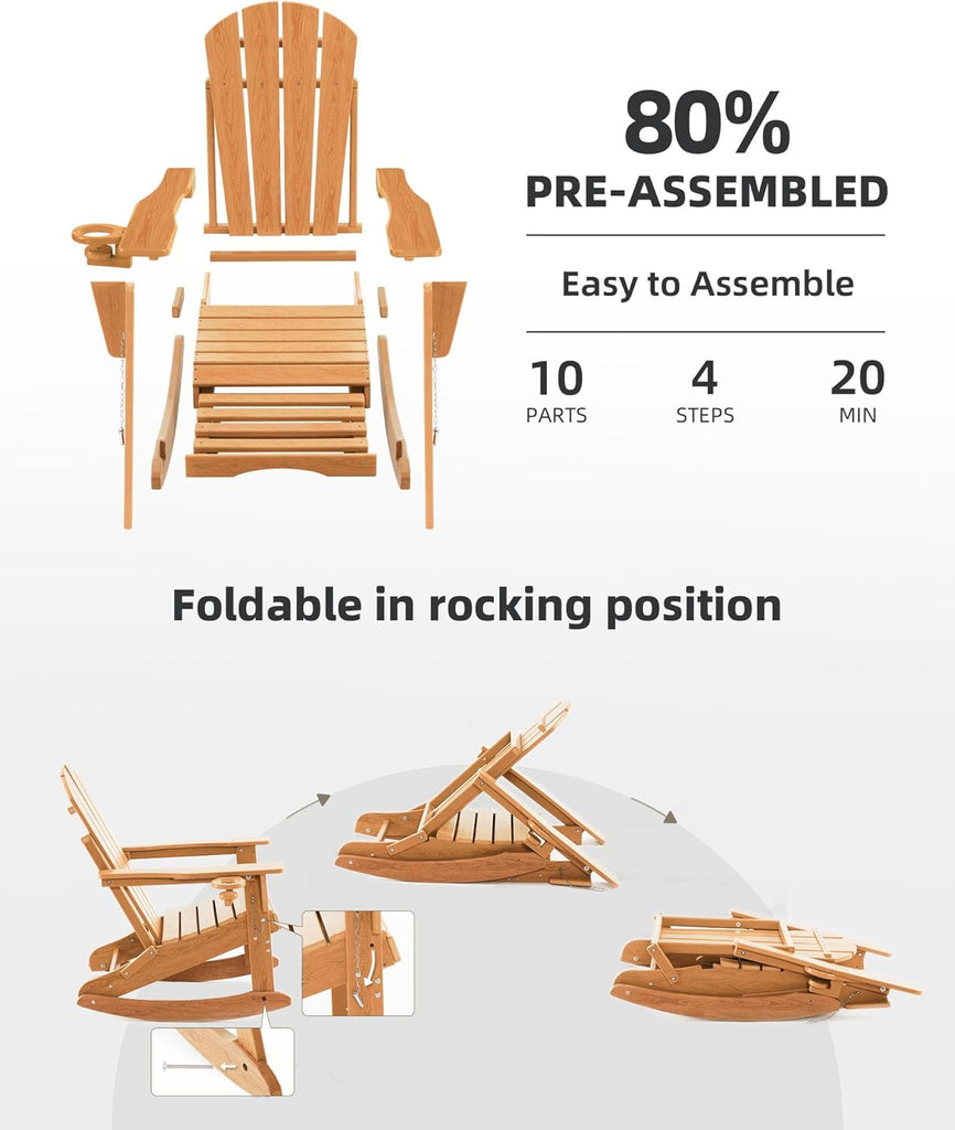Folding Adirondack Rocking Chair,4-in-1 Multifunctional Patio Chair with Retractable Ottoman, Outdoor Chair Wood