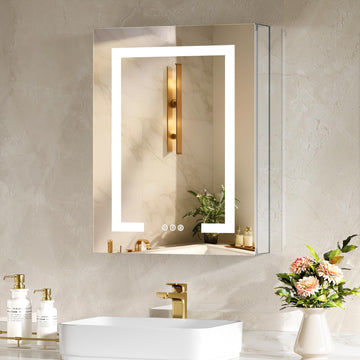 LED Lighted Medicine Cabinet with Mirror, Bathroom Mirror Cabinet with Lights, Outlet and USB, Recessed or Wall
