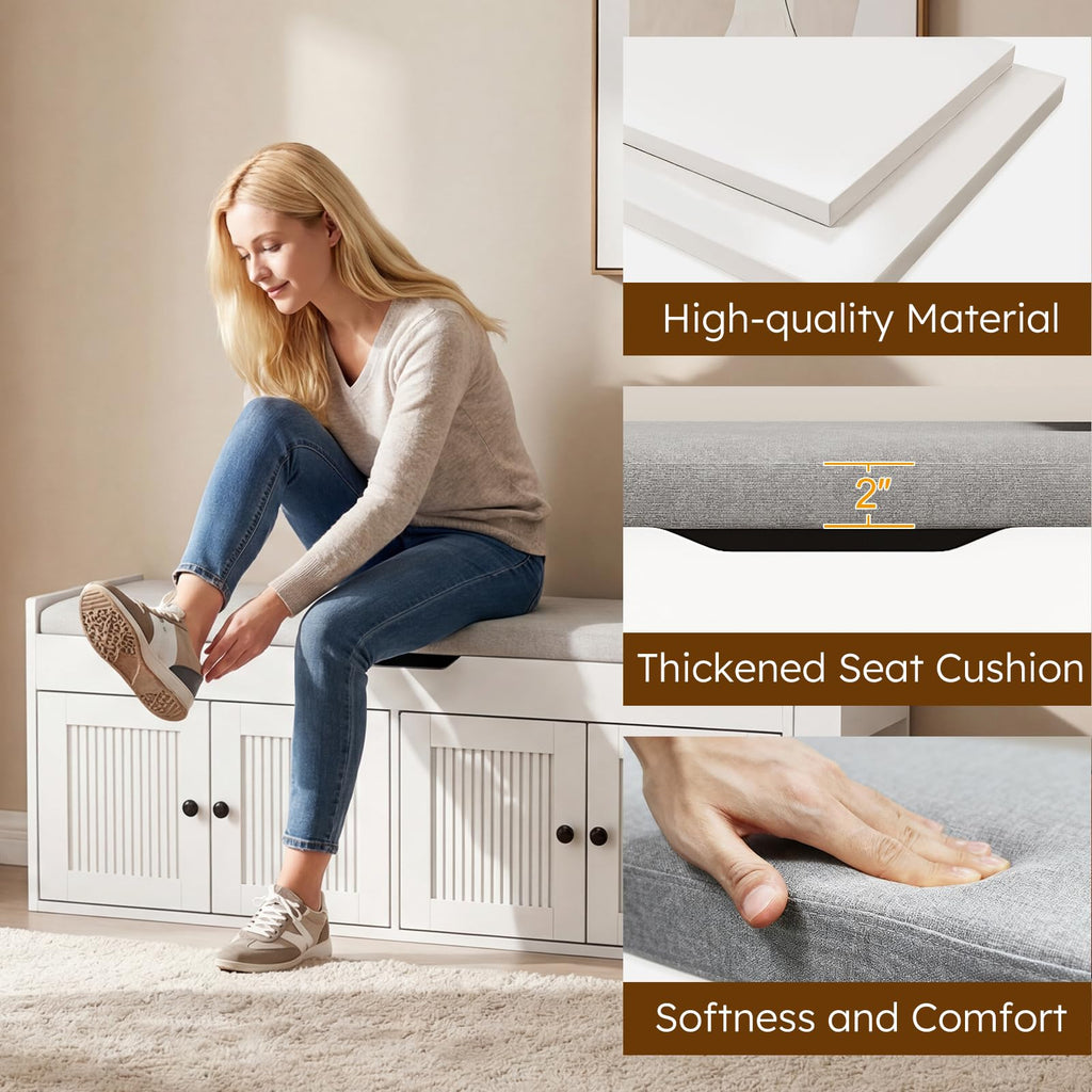 47.2" Storage Bench - Entryway Shoe Bench with Side Storage Shelves and 4 Doors, Multifunctional Entryway Bench with
