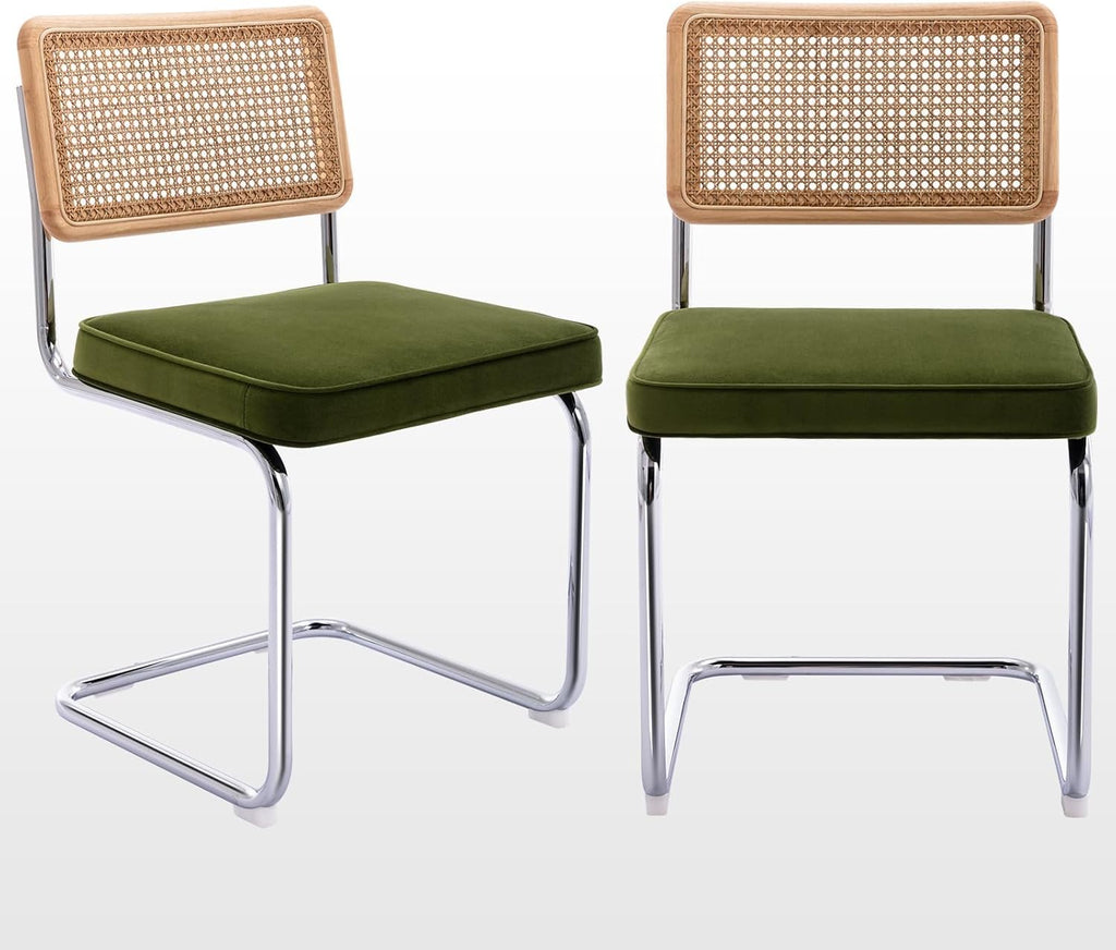 Zesthouse Natural Rattan Dining Chairs Set of 2, Olive Green Modern Kitchen Chairs with Solid Wood Back & Chrome Base
