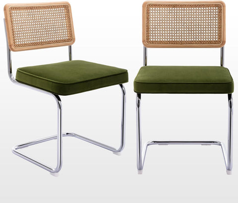 Zesthouse Natural Rattan Dining Chairs Set of 2, Olive Green Modern Kitchen Chairs with Solid Wood Back & Chrome Base