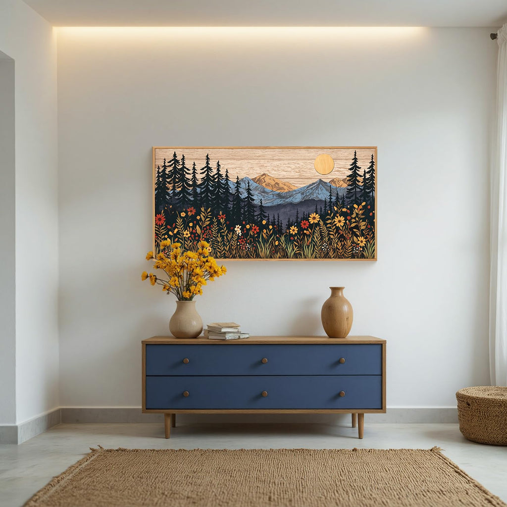Mid Century Woodland Mountain Framed Canvas Wall Art Set, Vintage Natural Sunset Wildflower Forest Field