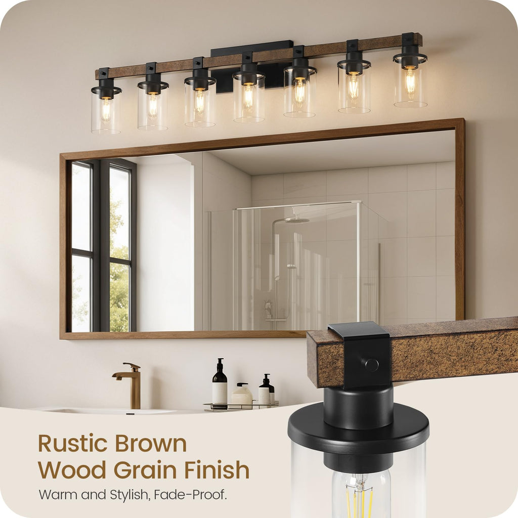 7-Light Bathroom Light Fixture, Farmhouse Vanity Lights with Glass Shade, Rustic Bathroom Light Fixtures, E26 Base