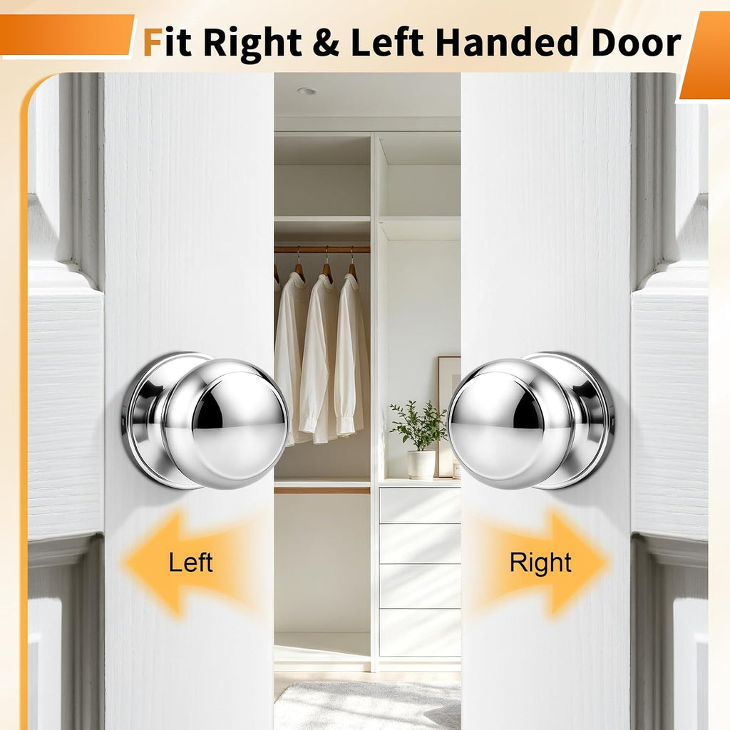 Polished Chrome Passage Door Knobs, Interior Door Lock Closet, Keyless Round Ball Knob Handle, No Locking, 5 Pack