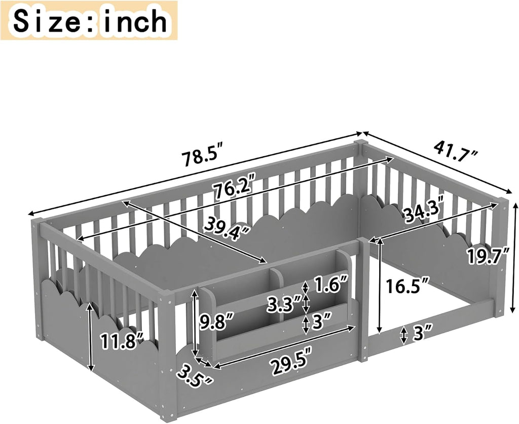 Floor Bed with Bookshelf and Safety Guardrail, Montessori Floor Bed with Fence, Easy Assemble