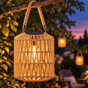 8.27" Large Solar Rope Lanterns Outdoor Hanging Natural Plant-Fibers