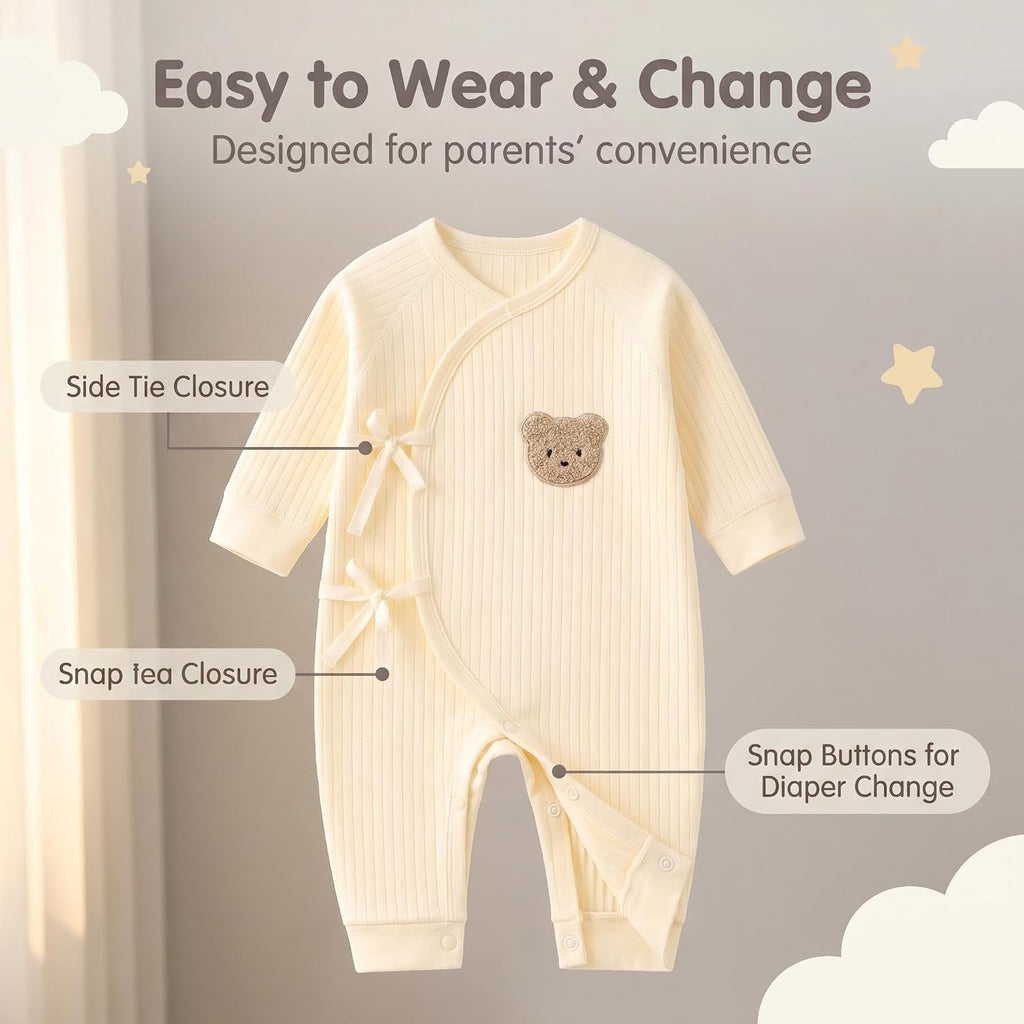 Pack 100% Cotton Baby Clothes Set - Side Kimono Romper with Hat, Essential Coming Home Outfit for Boy Girl