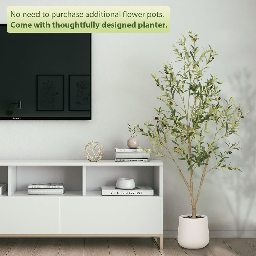 Olive Trees Artificial Indoor, 5FT Tall Faux Olive Tree with White Tall Planter, Artificial Plants with Natural Wood