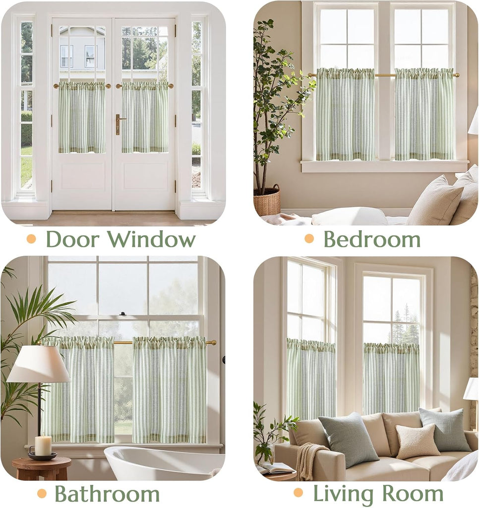 Striped Linen Kitchen Curtains 24 Inches Length Tier Curtains Farmhouse Modern Cafe Style Small Window Treatments