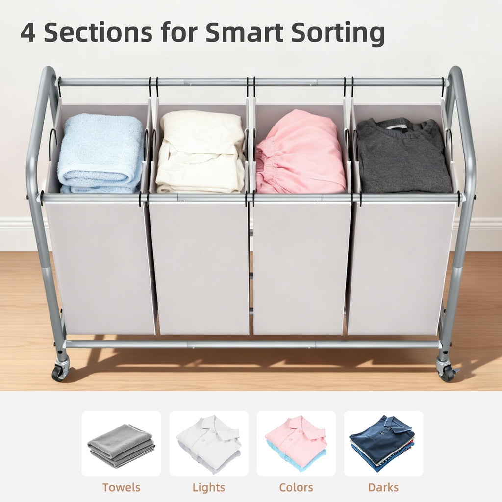 4 Section Laundry Sorter, Laundry Hamper with Wheels, Gray