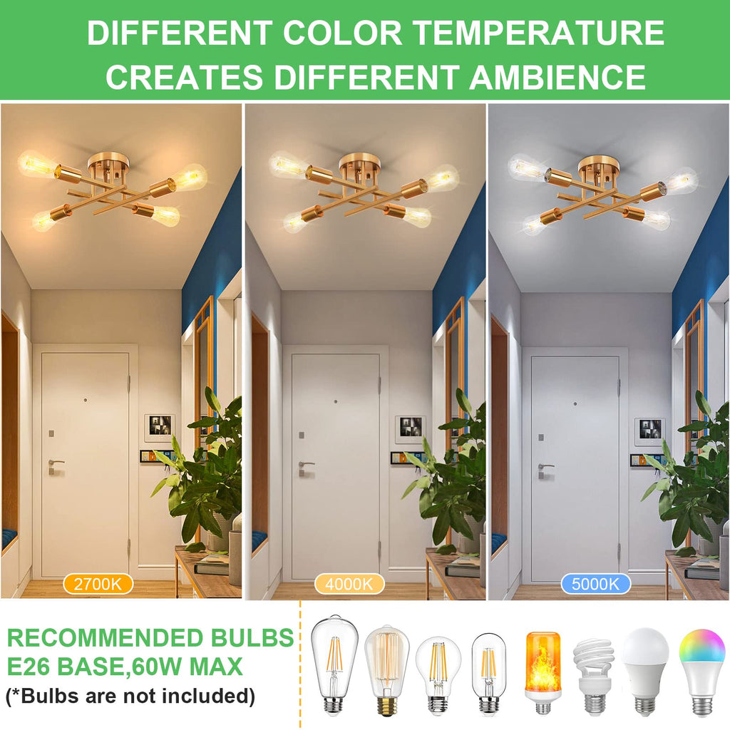4-Light Semi Flush Mount Ceiling Light, Gold Sputnik Chandelier