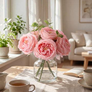 Real to Touch Penoies Artificial Flowers, Faux Austin Rose in Vase with Big Bloom and Fake Water Real Latex - Set of 6