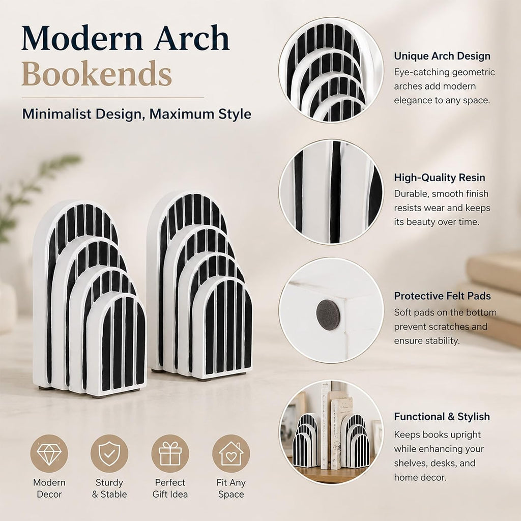 Modern Striped Arch Bookends Set of 2 Resin Black White Geometric Shelf | Stylish modern striped arch bookends