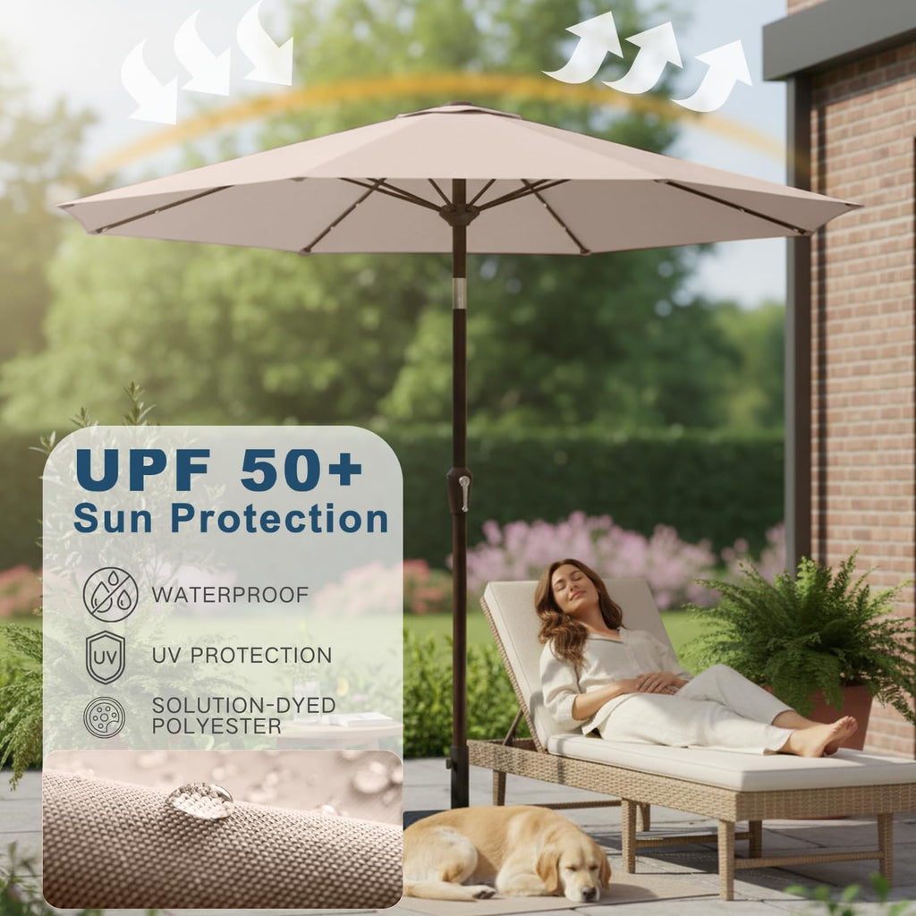 9' Solar LED Patio Umbrella with Tilt & Crank|8 Sturdy Ribs,UV Protection,Outdoor Market Table Umbrella