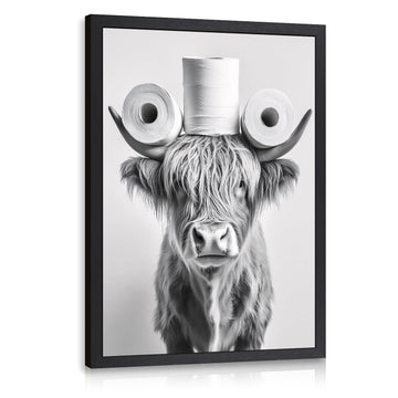 Wood Framed Black White Highland Cow Bathroom Wall Art 16x24 in