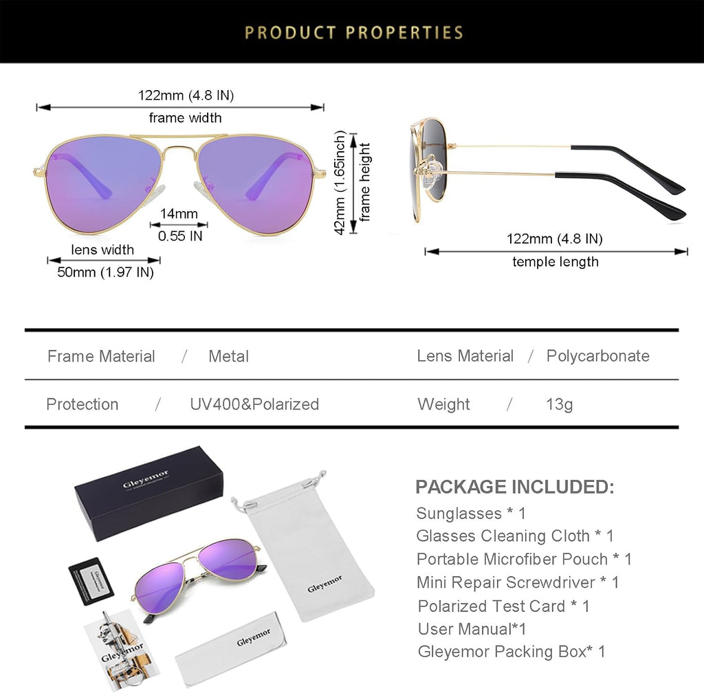Kids Polarized Aviator Sunglasses for Little Girls Boys Juniors Teenagers, Two Sizes 50MM 52MM