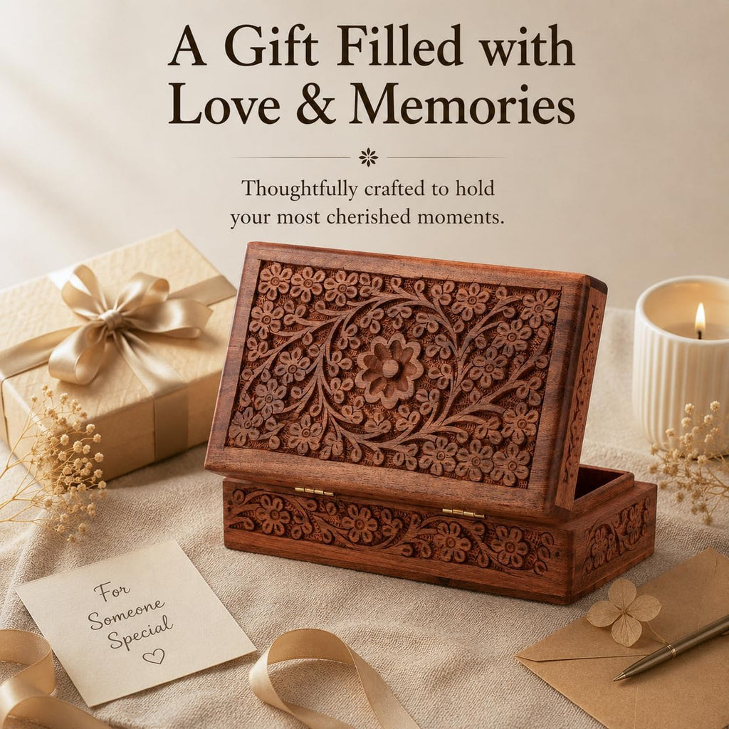 Wooden Jewelry Box Hand Carved Flower Keepsake Chest - 8x5 Inch