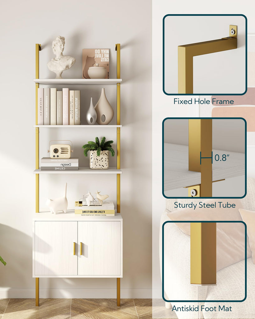73" Tall Bookshelf with Cabinet, Industrial Ladder Wall Mount Shelf Bookcase with Wood and Metal Frame, Plant Shelf