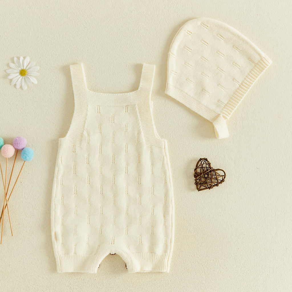 Newborn Girl Boy Outfit Baby Knit Romper Overall with Hat (Cream, )