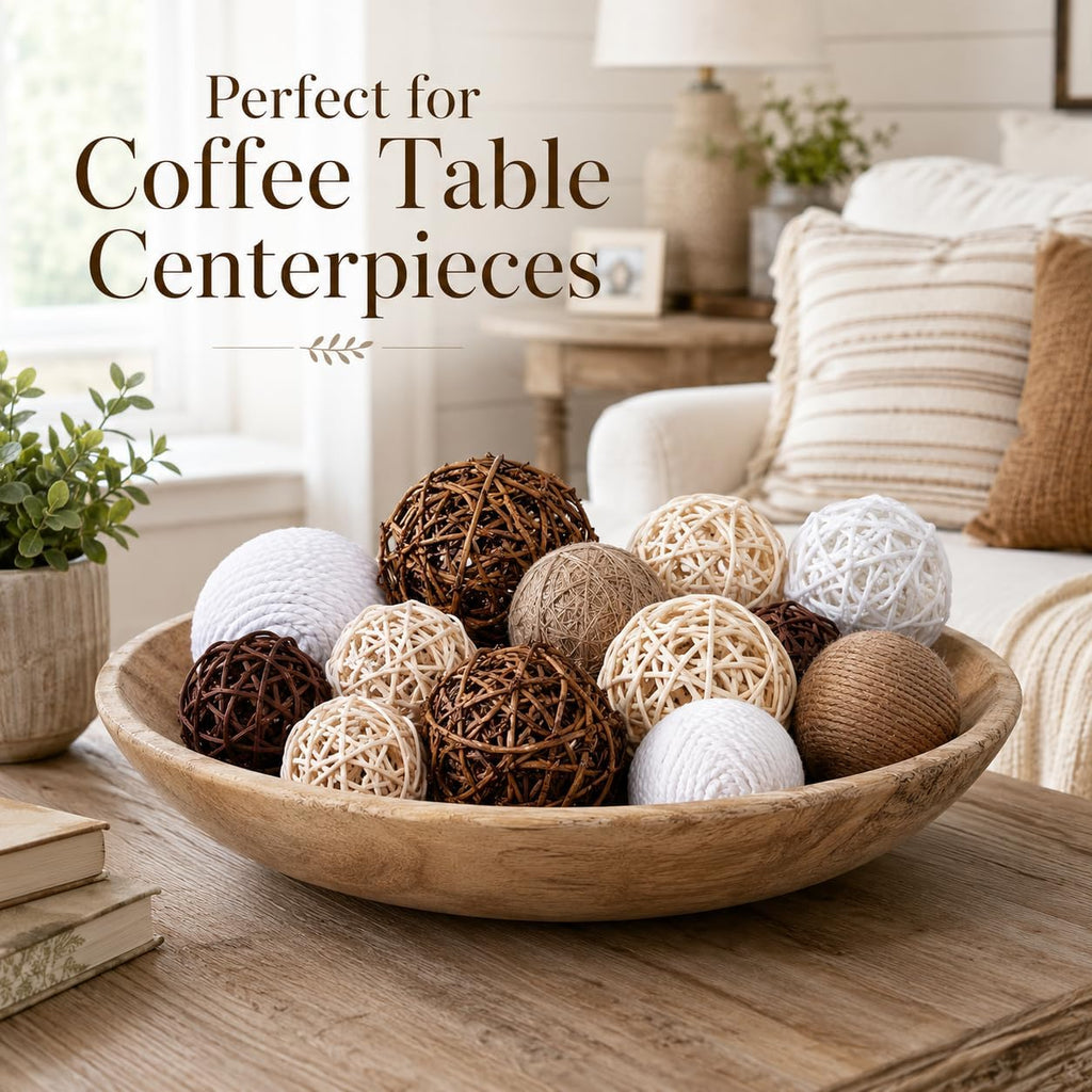 Decorative Ball for Centerpiece Bowls, Handmade Rattan Balls and Rope Balls with 1.6-3.2 Inches, Vase Bowl - Set of 12