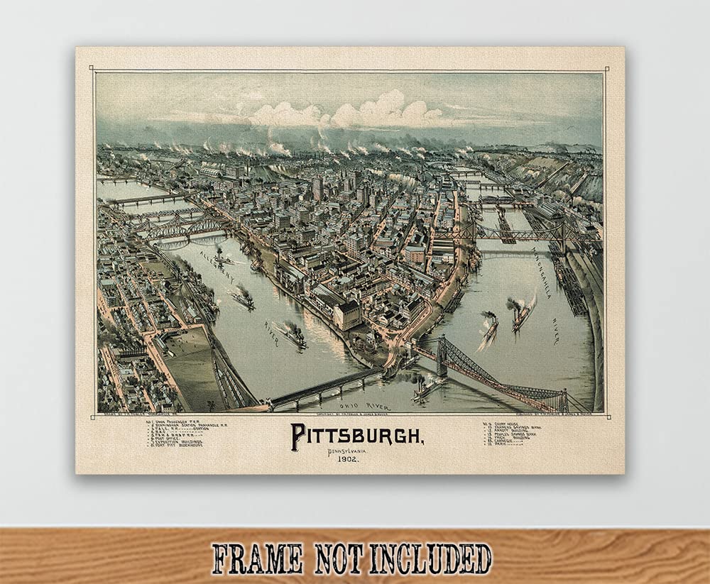 1902 Pittsburgh Pennsylvania Map - Stretched on a Heavy Wood Frame - Ready to Hang - Decor in This Highly Detailed