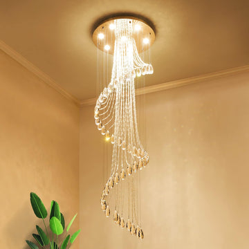 Modern K9 Crystal Spral Raindrop Chandelier Lighting Flush Mount LED Ceiling Light Fixture Pendant Lamp for Dining Room Bathroom Bedroom Livingroom 7 GU10 Bulbs Required H71" X D24" A100-B01H6O146Q