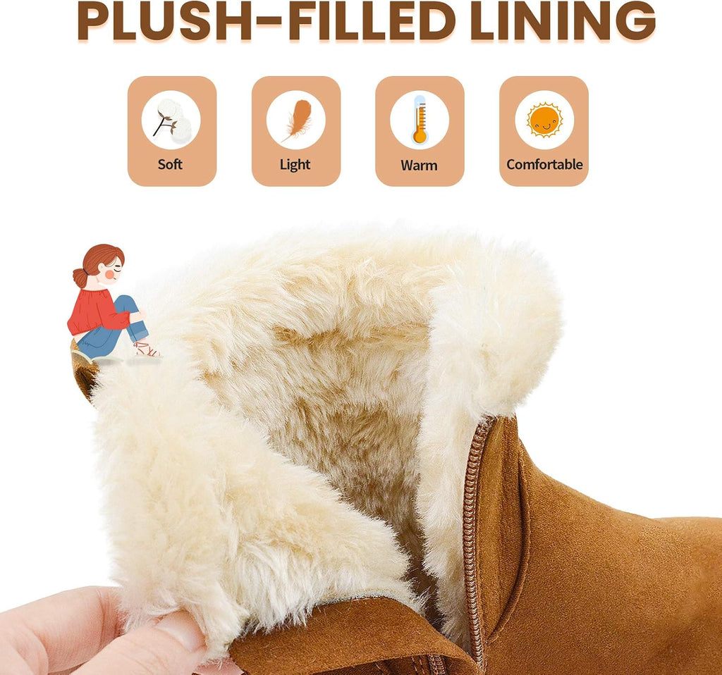 Girls-Boots-Warm-Ankle-Winter-Boots Kids Soft Plush Lining Fur Collar with Zipper Snow Bootie Indoor Outdoor Shoes