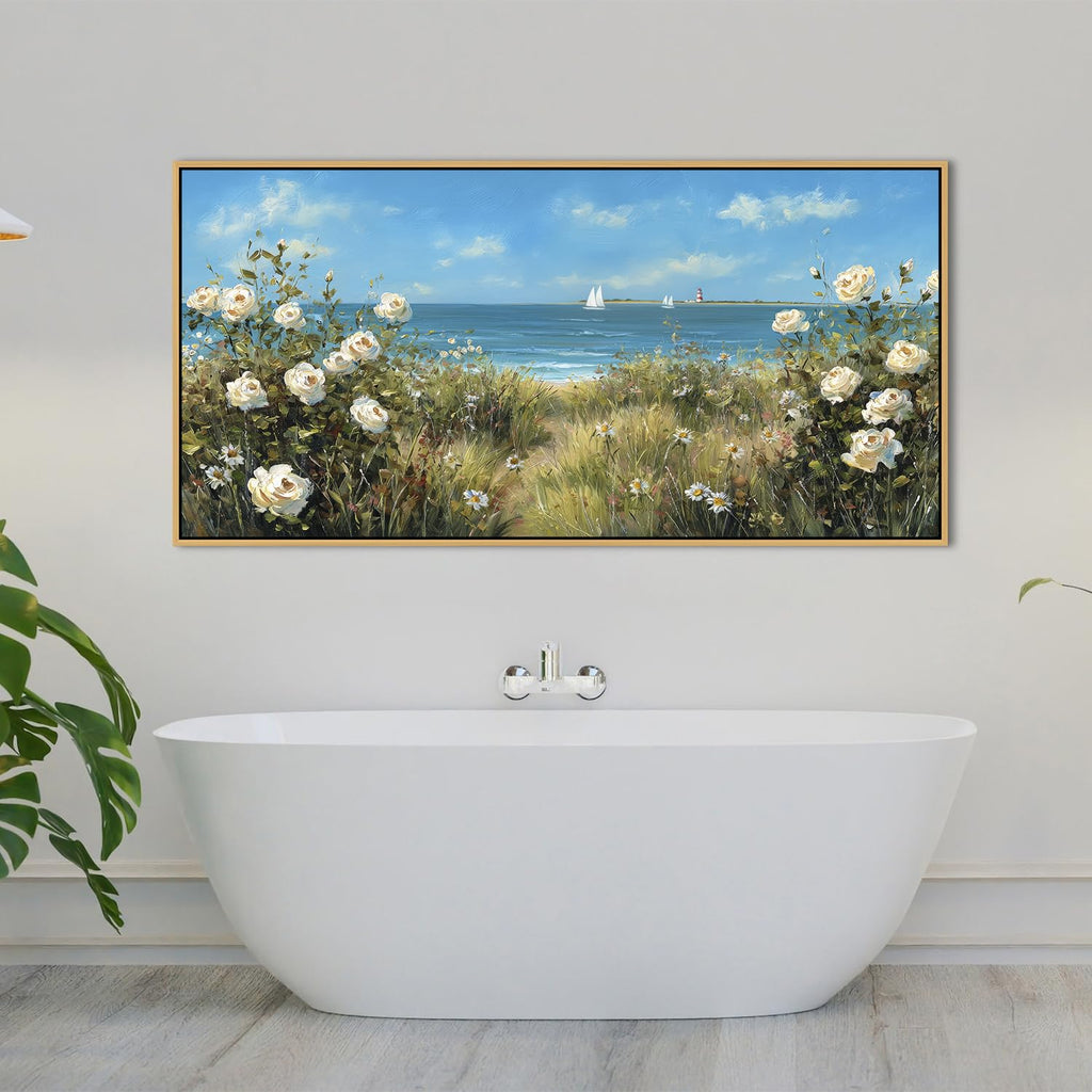 Blue Ocean Wall Art White Flowers Canvas Prints Nautre Coastal Wildflowers Pictures Beach Floral Painting Poster