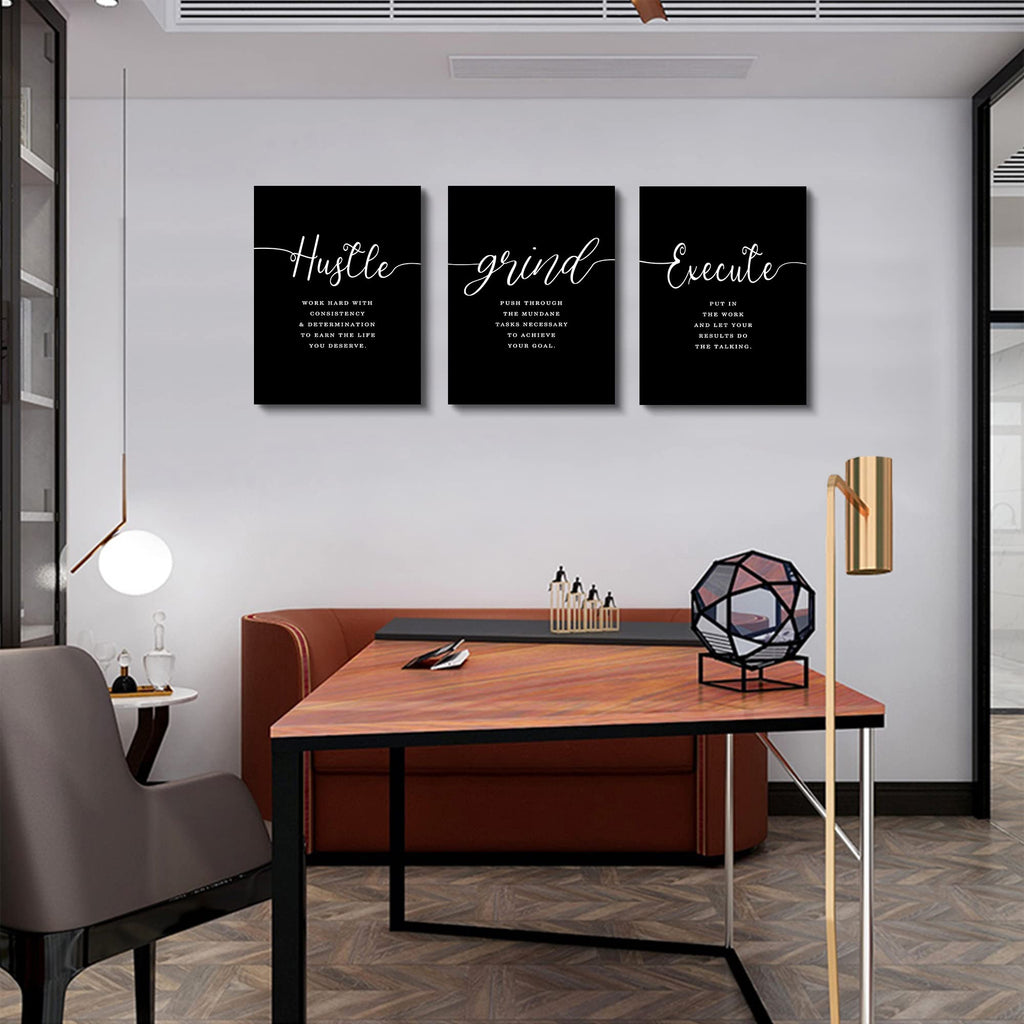 Office Decor - Hustle Quotes Execute Prints, Framed Canvas Wall Art Grind Quote, Office Wall Art, Black Large Poster